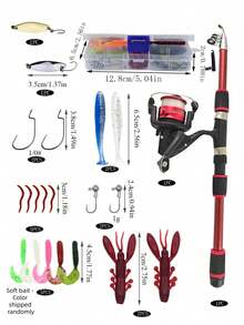 1.8m Telescopic Fishing Rod Set: Includes Spinning Reel, Lures, Hooks And Travel Bag, Suitable For Freshwater And Saltwater Fishing Beginner Set - Redwood - View 11