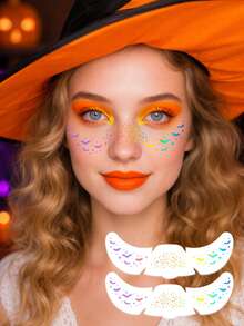2PCS Holographic Bat Face Temporary Tattoo Sticker, Waterproof Iridescent Rainbow Face Tattoo, Halloween Cosplay Party Body Art Makeup Stickers For Women - Multicolor - View 3