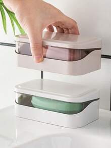 1pc Color-Matched Patchwork Double-Layer Flip-Top Soap Box, Minimalist Travel Soap Box With Lid, Creative Soap Tray With Drainage System Transparent Storage Box, Suitable For Bathroom And Travel, No Drilling Required (Box Included) - A - View 4