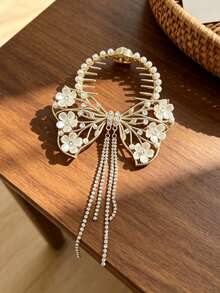 1pc Premium Butterfly Tassel Hair Clip For Women, Pearl Flower Rhinestone Hair Accessory, Elegant Luxury Updo Hair Clip - Multicolor - View 6