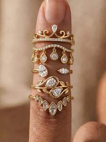 5pcs Women's Rings Set, Fashionable Exquisite Copper Inlaid CZ Geometric Leaf & Water Drop Shaped CZ Gold Rings Set, Suitable For Daily Wear, Party, Date, Wedding Jewelry - Gold - View 9