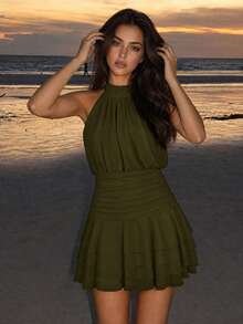 Elegant Halter Neck Backless Mini Dress, Layered Ruffle Hem, Wedding Style - Army Green - View 5