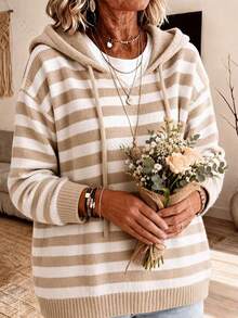 Women's Elegant Hooded Striped Long Sleeve Knit Sweatshirt, Soft And Warm - Apricot - View 6