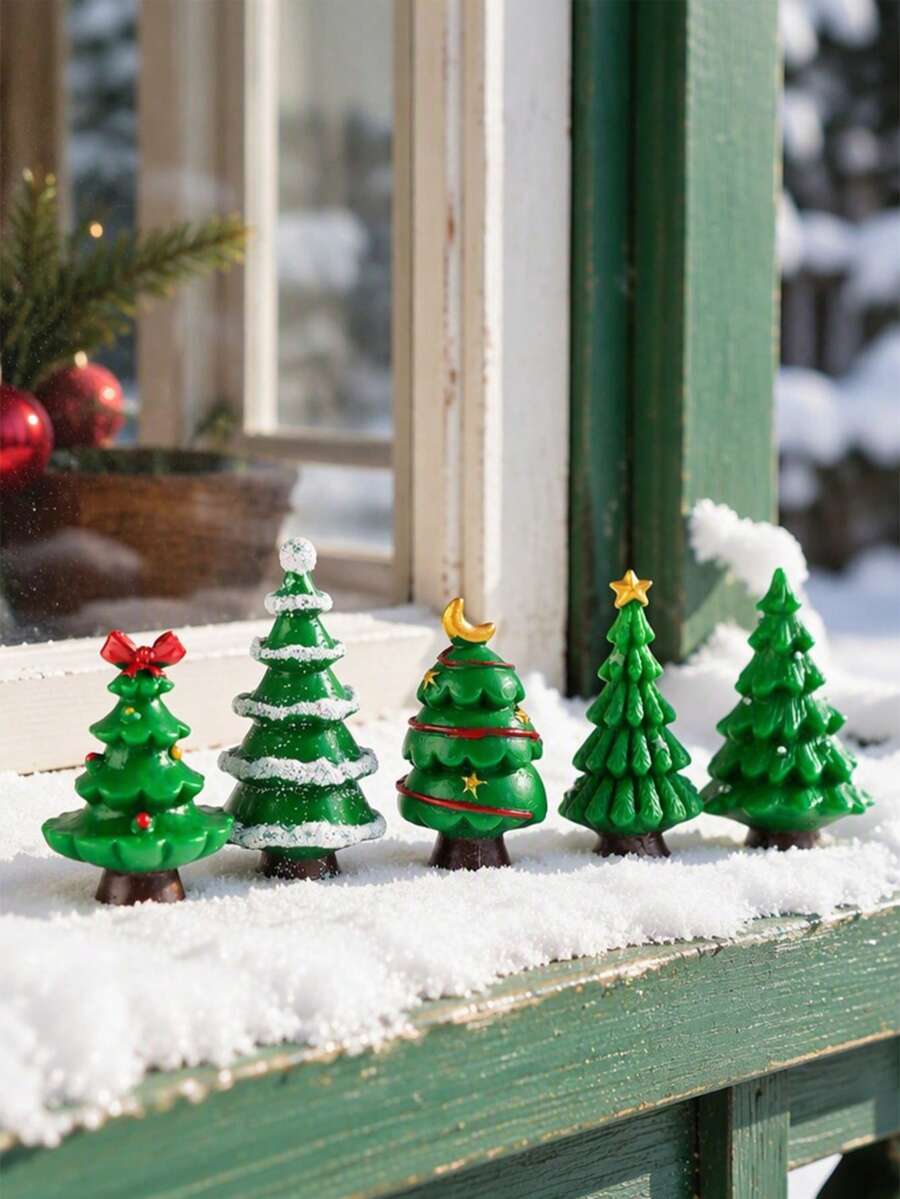 5pcs Mini Christmas Tree Resin Figurines, Miniature Christmas Tree Decorations, Christmas Snow Scene Decoration, Suitable For Winter Holidays, Landscape Decoration, DIY Ornament, Xmas Tree Craft, Garden Decor - Christmas Tree - View 1