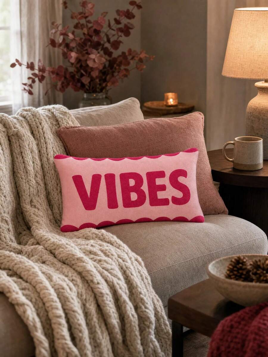 وسادة ديكورية مريحة بطباعة حروف VIBES جمالية، مناسبة للأريكة والمقعد وغرفة النوم وغرفة المعيشة - متعدد الألوان - مشاهدة 1