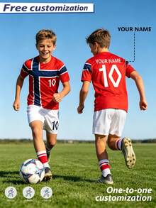 [Customized]Personalized Name Customization Celebrity Style #10 Number 2pcs Boys Girls Casual Soccer Uniform Set -Round Neck-Short Sleeve And Shorts Set- Polyester, Back To School Season Suitable For -Sports -Training And Casual Wear, Outdoor Perfect Choice - Red - View 3