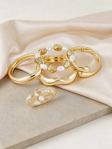 1PC Chunky Gold Stacking Bracelets & Large Oval Faux Pearl Statement Ring, Modern Irregular Curved Open Cuff Bangle Jewelry - Yellow Gold - View 5