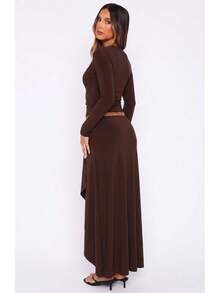 Elegant Women's Round Neck Long Sleeve 2 Pieces Set With Asymmetrical Pleated High Elasticity Skirt, Wedding Style - Brown - View 2