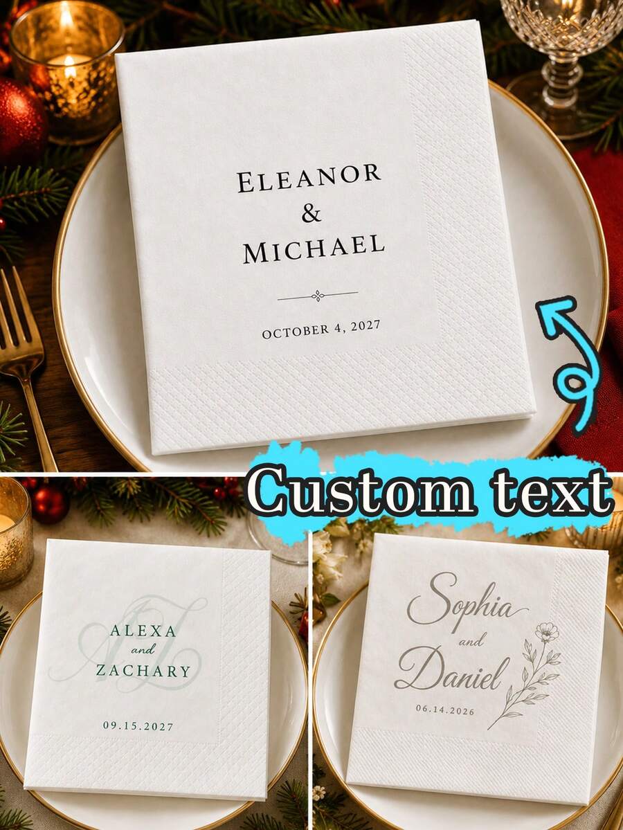 Custom Wedding Napkins,Christmas Cocktail Napkins,Elegant Monogram Table Decor,Personalized Names & Date Party Napkins, Customized Anniversary Dinner Supplies,Customizable Text Table Accent,Christmas Gift For Couples & Family,Disposable Napkins - Style E - View 1