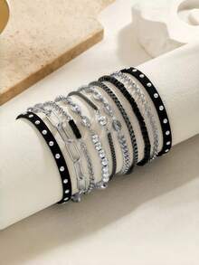 10pcs Cool Black & Silver Vintage Style Mixed Bracelet Set - Suitable For Daily Wear And Gatherings - Multicolor - View 5