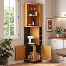 Corner Wine Cabinet 40*40*182cm With Glass Rack, Tall Corner Storage System For The Kitchen, With Bottle Rack And Doors, Freestanding, Space-Saving Bar Counter, Suitable For The Dining Room, Kitchen And Living Room - Natural Color - View 5