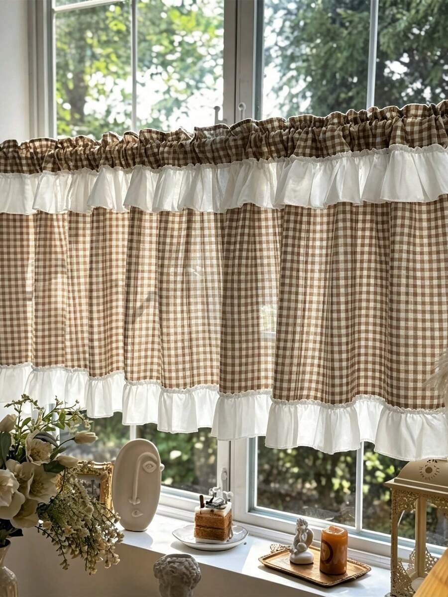 1pc Brown Plaid Ruffle Short Curtain, Rod Pocket Soft Light Semi-Sheer Curtain, American Country Style Window Curtain, Cafe Atmosphere Curtain, Suitable For Kitchen, Cabinet, Bedroom Home Decor, Living Room Decor - Brown - View 1