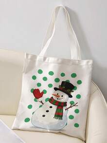 1pc Polka Dot Snowman Print Canvas Tote Bag, Large Capacity Hand‑Held Shoulder Bag,Reusable Shopping Bag For Music Festival Party Daily Packing Books - Multicolor - View 7