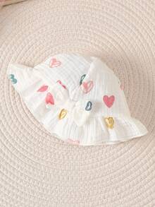 BrownBark 2pcs/Set Baby Girl Spring/Summer Cute Versatile Colorful Heart Print Double-Sided Gauze Romper And Hat, Sleeveless Ruffle Bow Baby Crawler Bodysuit, Matching Same-Color Hat, Soft Comfortable Newborn Spring/Summer Sweet Outfit, Suitable For 0-12 Months Baby Girls - White - View 9