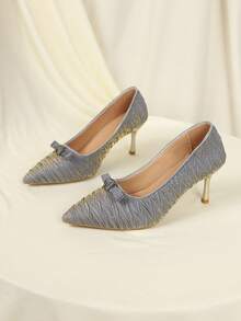 Women's Pointed Toe New Pleated Gold Bow Thin Heel Dress High Heels, Suitable For Party, Casual, Versatile Slip-On High Heel Pumps - Light Grey - View 2
