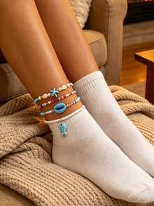 4PCS Ocean Style Blue Series Sea Fish & Starfish Pendant Anklet Set, Faux Shell & Colorful Seed Bead Elastic Cord Anklets For Women - Gold - View 2