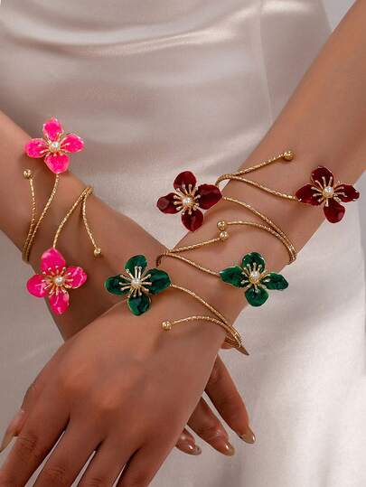 1pc/3pcs Vintage Burgundy Oil Drop Flower Open Cuff Bracelet, Luxury Multi-Layer Petal Adjustable Bangle, Niche Aesthetic Hand Jewelry