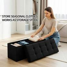 Foldable Linen Look Storage Ottoman Bench With Removable Divider, Tufted Padded Footrest Shoe Changing Stool, Large Capacity Storage Chest For Bedroom Entryway Living Room, Easy Assembly Space‑Saving Home Organizer - Black - View 9
