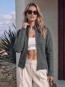 NiceArt Women's Autumn/Winter Vintage Dark Gray Wool Blend Ribbed Knit Zip-Up Cardigan, Stand Collar Raglan Long Sleeve, Autumn Outfit, Halloween - Grey - View 3