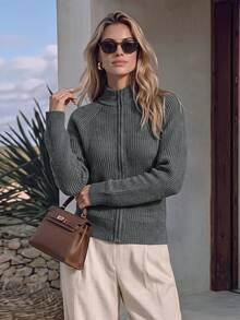 NiceArt Cardigan Rajut Bergaris Campuran Wol Abu-abu Gelap Vintage Musim Gugur/Dingin Wanita, Kerah Tegak, Lengan Panjang Raglan, Pakaian Musim Gugur, Halloween - Grey - View 8