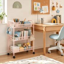 1pc, 3-Tier Heavy Duty Metal Rolling Cart (With Mesh Metal Shelf & Hooks) - Easy To Assemble Mobile Multi-Function Trolley, Suitable For Kitchen, Bathroom, Laundry Room Storage, Space-Saving Storage Rack With Painted Frame, Ideal Gift For Organization, Vertical Storage Rack - Multicolor - View 6