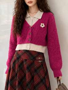 Women's Autumn/Winter Casual Minimalist Vintage Fashion 2 In 1 Knit Cardigan Jacket - Hot Pink - View 1