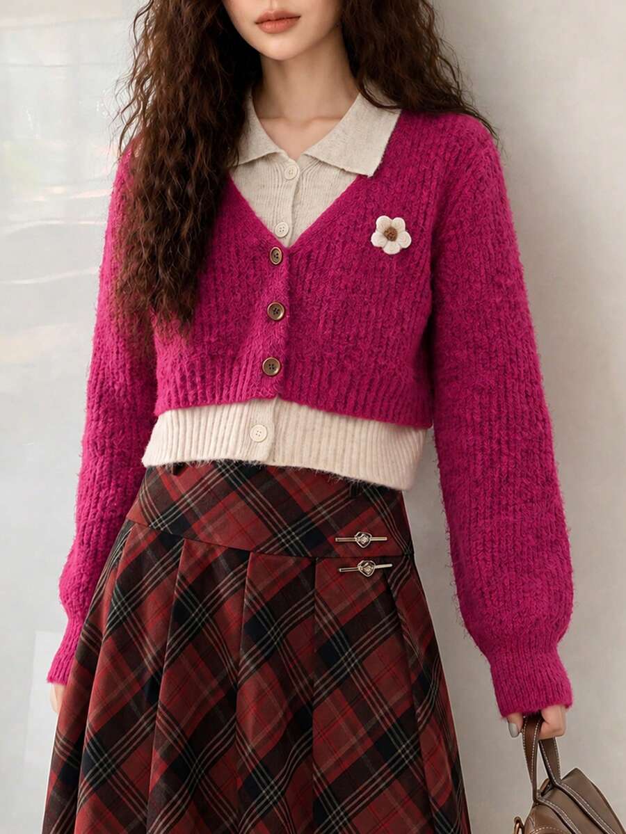 Women's Autumn/Winter Casual Minimalist Vintage Fashion 2 In 1 Knit Cardigan Jacket - Hot Pink - View 1