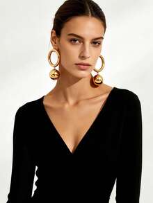 1 Pair European And American Vintage Style Polished Gold-Plated Metal Double-Layer Round Hoop With Large Ball Drop Long Earrings - Multicolor - View 3