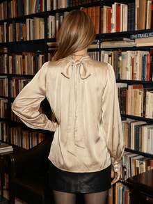 Women's Satin High Neck Blouse, Ruched Collar Lantern Long Sleeve Loose Casual Commute Top - Champagne - View 5