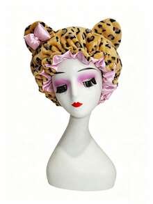 Women Leopard Print Plush Sleep Bonnet With Bear Ears & Bow, Satin Lined Thick Hair Bonnet, Ruffle Edge Night Hair Cap For Hair Care, Holiday Gift - Multicolor - View 13