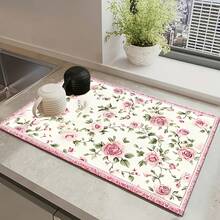 1pc Extra Large Draining Mat, Pink Rose Print, Bar Countertop Waterproof Mat, Drying Mat, Drainage Mat, Coffee Machine Mat, Coffee Cup | Tableware Draining, Absorbent Quick-Drying Draining, Washable And Reusable, Suitable For Kitchen | Cafe, Tea Cup, Coffee Cup, Coffee Machine Accessories, Home Decor For Coffee Lovers, Rental Home Renovation - Multicolor - View 4