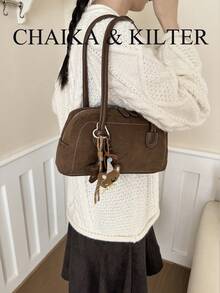 CHAIKA & KILTER 1件裝純色麂皮布料女款復古時尚啞光保齡球包，對比色絎縫縫線，雙手柄設計，拉鍊開合，適合日常與街頭穿搭 - 咖啡 - 查看 7
