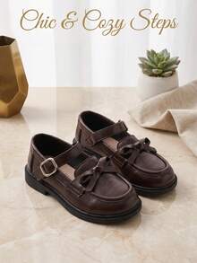 1 Pair Kids Brown Loafers & Oxford Shoes, Girls School Style Mary Jane Flats, Bow & Metal Buckle Decor Hook & Loop Design, Kids Student Shoes, Suitable For Spring & Autumn Daily Wear - Brown - View 5