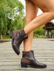 1 Pair Women's Patchwork Design Buckle Strap Chunky Heel Round Toe Winter Short Ankle Boots, Coffee Brown - Coffee Brown - View 3
