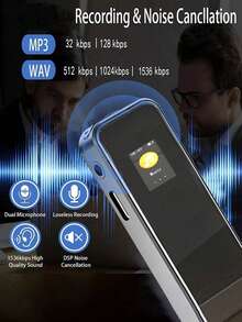 數位錄音筆，具備播放功能、降噪、高音質、MP3音樂播放器，380mAh可充電電池，適用於講座與會議，不含記憶卡 - 無 - 查看 2
