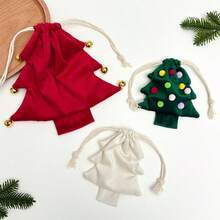 Christmas Tree Shaped Velvet Drawstring Gift Bag Mini Christmas Candy Gift Bag With Pom Pom Decoration Hanging Christmas Tree Decor Gift Bag Holiday Party Packaging Bag Christmas Small Gift Storage Bag Christmas Decoration - Multicolor - View 9