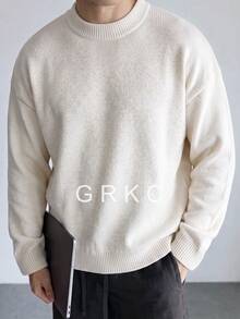 GRKC Sweater Pullover Rajut Polos Kerah Bulat Lengan Panjang Bahu Sedikit Turun Gaya Minimalis untuk Komuter Musim Semi Musim Gugur dan Musim Dingin Pria Wanita Base Layer Longgar Kasual Mudah Dipadupadankan - Aprikot - View 2