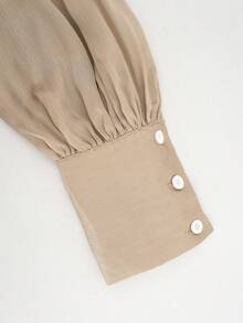 Women's Satin High Neck Blouse, Ruched Collar Lantern Long Sleeve Loose Casual Commute Top - Champagne - View 7
