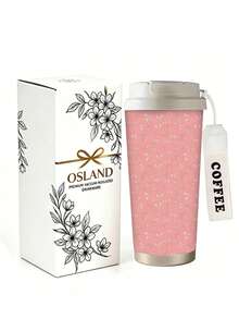 1pc/5pcs 500ml Pink Strawberry Floral Travel Mug, Double-Wall Stainless Steel Insulated Cup, Sweet Seamless Small Strawberry Print Design, Portable Coffee Cup With COFFEE Printed Lanyard, Suitable For Daily Commute - Pink-strawberry - View 2