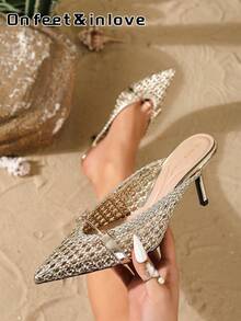 On feet& in love Women's Fashion Elegant Woven Pointed Toe Stiletto High Heel Pumps, Suitable For Dating, Commuting, Party, Dress, Wedding - Gold - View 1