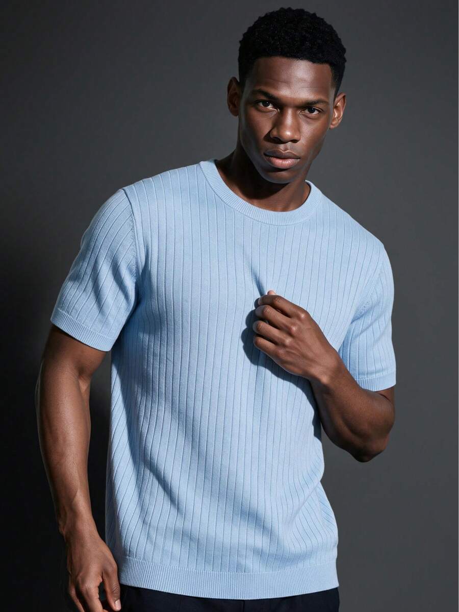 Camvyn Men's Summer Casual Fashion Ribbed Crew Neck Short Sleeve T-Shirt, Suitable For Commuting And Daily Casual Wear - Baby Blue - View 1
