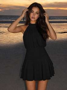 Faeriesty Elegant Black Halter Neck Backless Mini Dress With Layered Ruffle Design, Suitable For Summer Parties, Beach Vacations, Holiday Celebrations And Graduation Weddings - Black - View 5