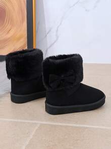 Fabric Bow Decoration, Black Plush Flanged Girls' Snow Boots, Winter Little Girls' One Foot Short Boots - Black - View 3