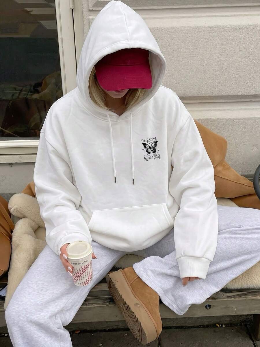女款字母與蝴蝶圖案休閒日常運動衫 - 白色 - 查看 1