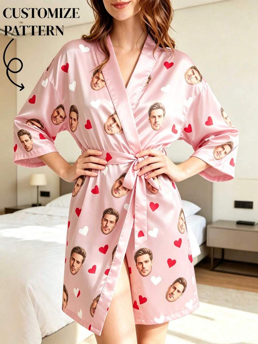1件客製化人臉照片女士黑色愛心圖案晨袍，個性化和服風浴袍，送給妻子的禮物 - 粉色 - 查看 1