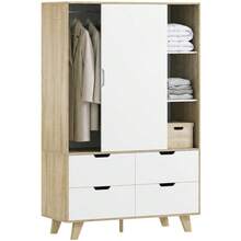 Modern Bedroom Wardrobe With Sliding Doors, Hanging Rail, Adjustable Shelves, And 4 Drawers, Oak And White - Natural+White - View 2