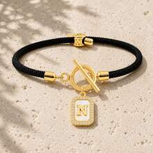 Initial Charm Black Rope Gold Plated Letter Bracelets For Women Men Toggle Closure Cubic Zirconia Tag - Yellow Gold - View 12