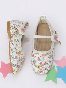 1 Pair Girls' Pastoral Style Colorful Floral Mary Jane Slip-On Shoes, Suitable For Outdoor Picnic And School Performance - Beige - View 5