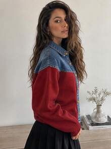 Wixra Denim Yoke Patchwork Button Front Cardigan, Lapel Collar Long Sleeve Color Block Knit Outerwear For Fall - Burgundy - View 4