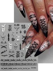 2Pcs 5D‑Embossed Gothic‑Bunny Nail‑Stickers,Punk Y2K Cross Strap Heart Moon Star Self‑Adhesive Nail Decals, Dark Cool Rabbit Nail Art Decorations For DIY Manicure Salon Home - Multicolor - View 5